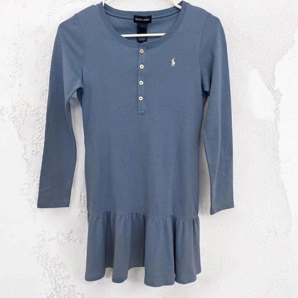 Ralph Lauren Girls’ Cotton Ruffle Bottom L/S Dress – Size L
